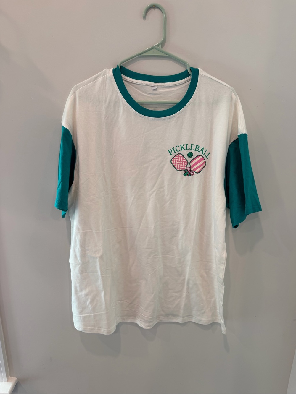 Pickleball Graphic Ringer Tee - Teal & White